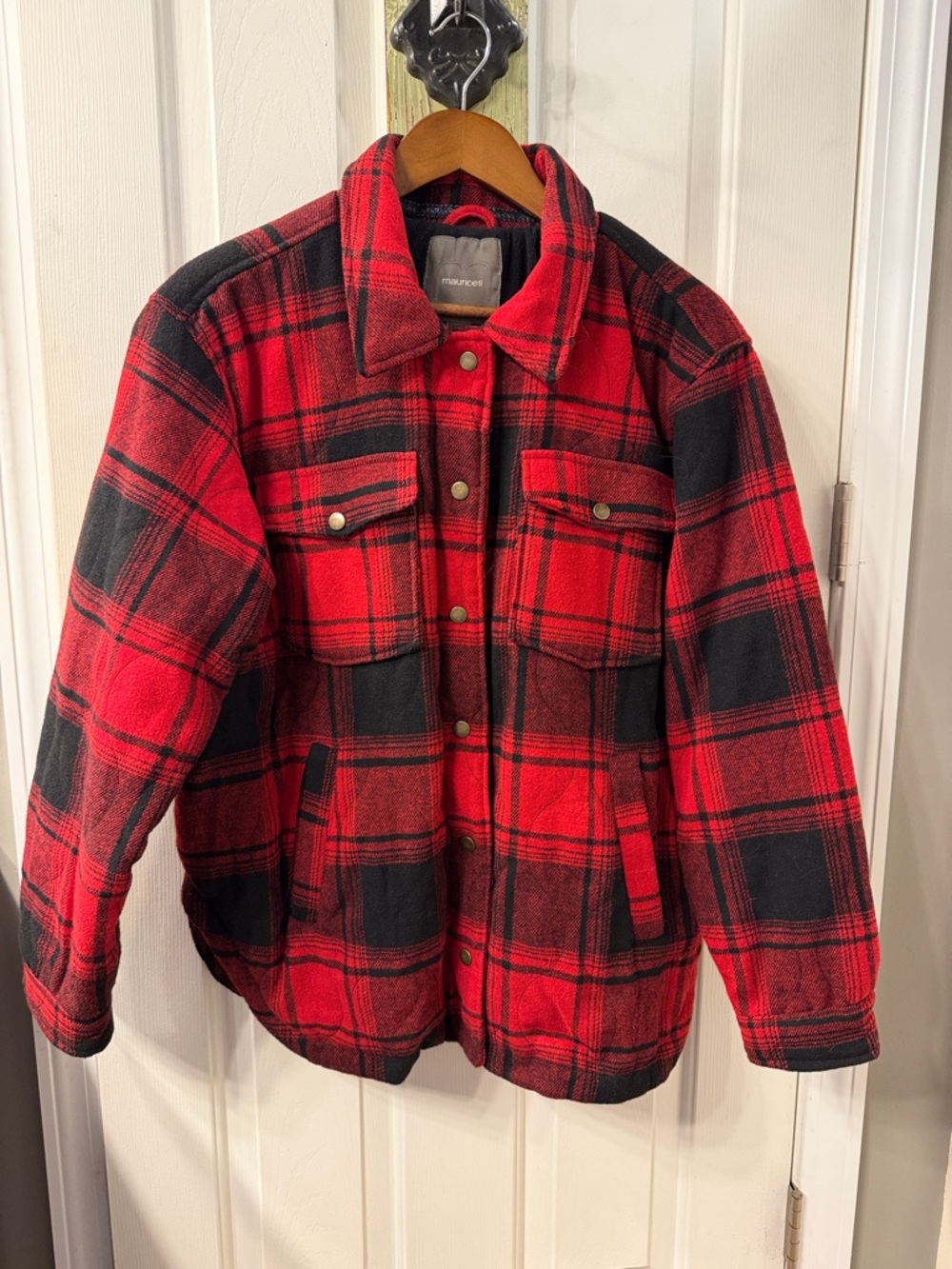 Maurices Red and Black Plaid Snap-Front Jacket Fleece